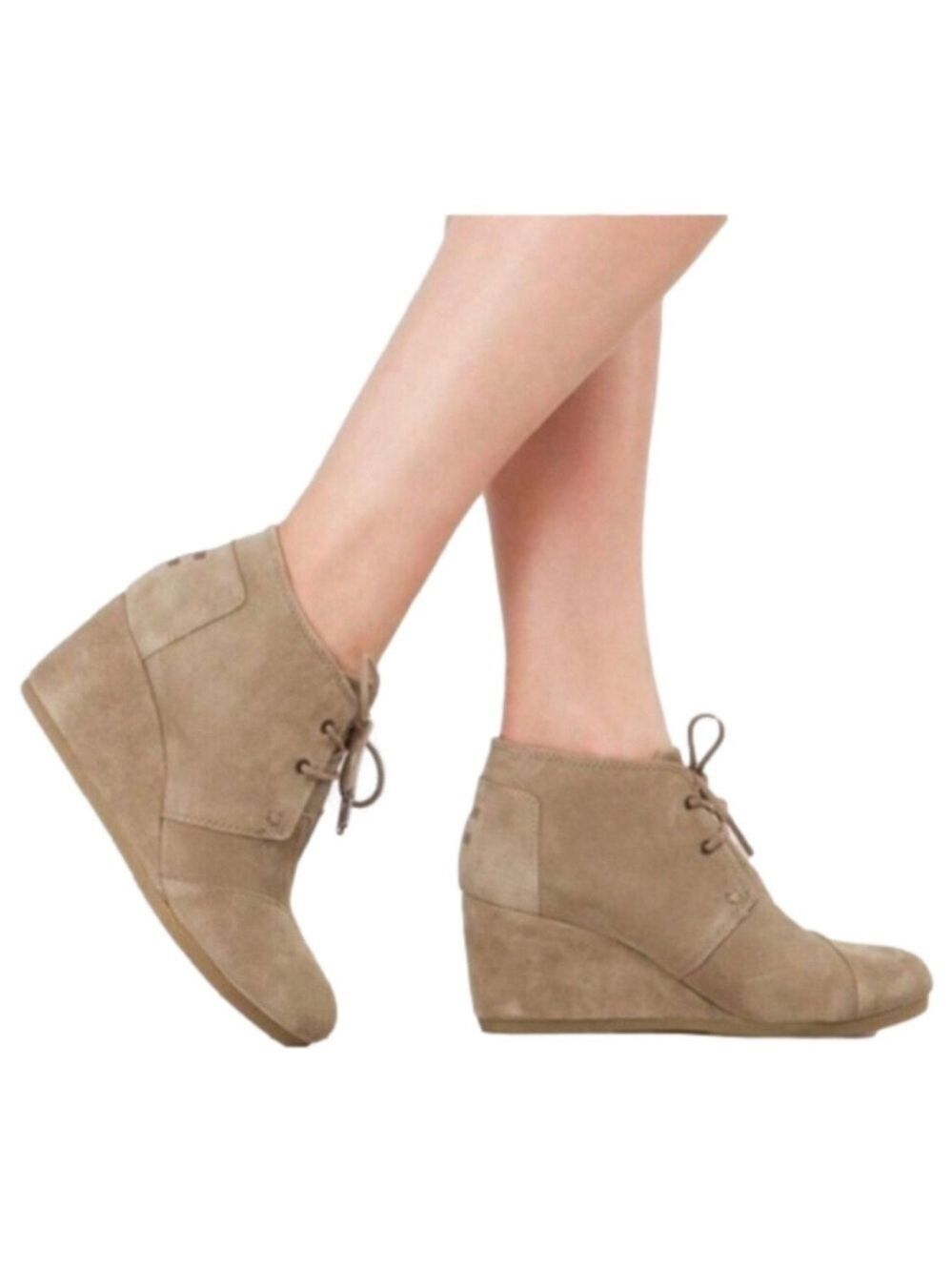 TOMS Taupe Kala Suede Wedge Heel Desert Lace Up Ankle Booties, sz 10